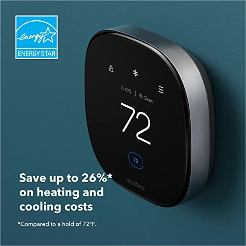 Smart thermostat with Energy Star logo and energy saving claim.