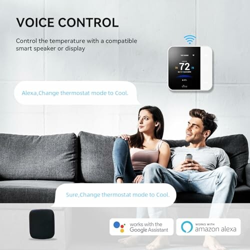 Couple using voice control for smart thermostat with compatible speaker.