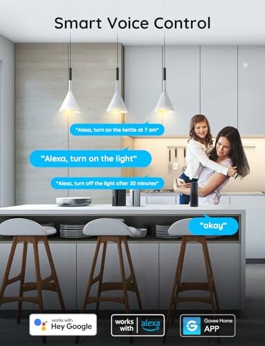 Mother and child in a modern kitchen using smart voice control with Alexa and Google.