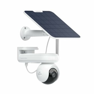 Solar-powered security camera with mounted panel.