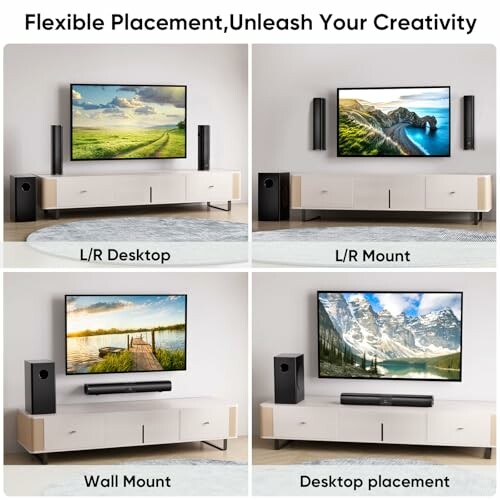 Four TV and speaker placement options: L/R Desktop, L/R Mount, Wall Mount, Desktop Placement.