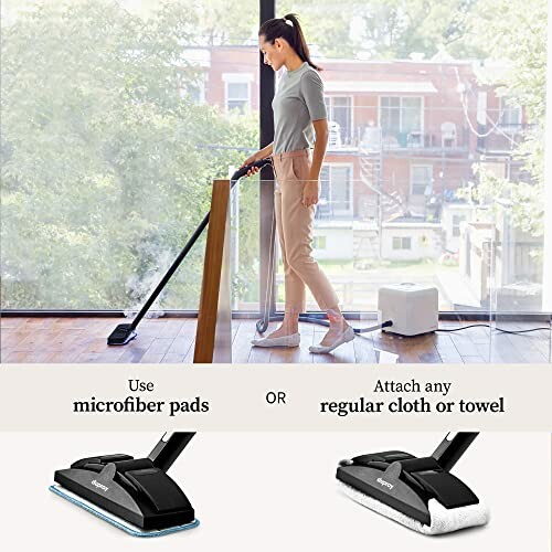 Woman using a vacuum cleaner with microfiber pads in a modern room.