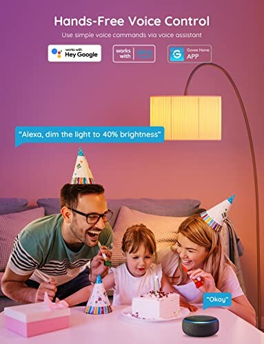 Family using voice assistant to control lamp brightness during a birthday party.