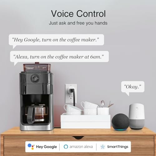 Smart home setup with voice-controlled coffee maker and smart speakers.