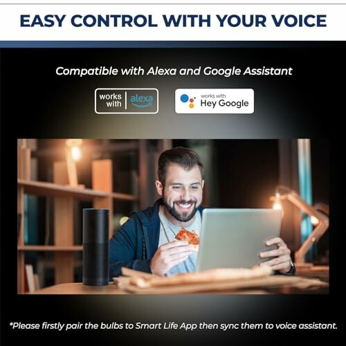 Man using voice control with Alexa and Google Assistant on laptop.