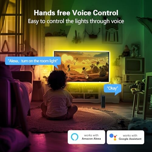 Child using voice control to operate smart lights with TV in background.