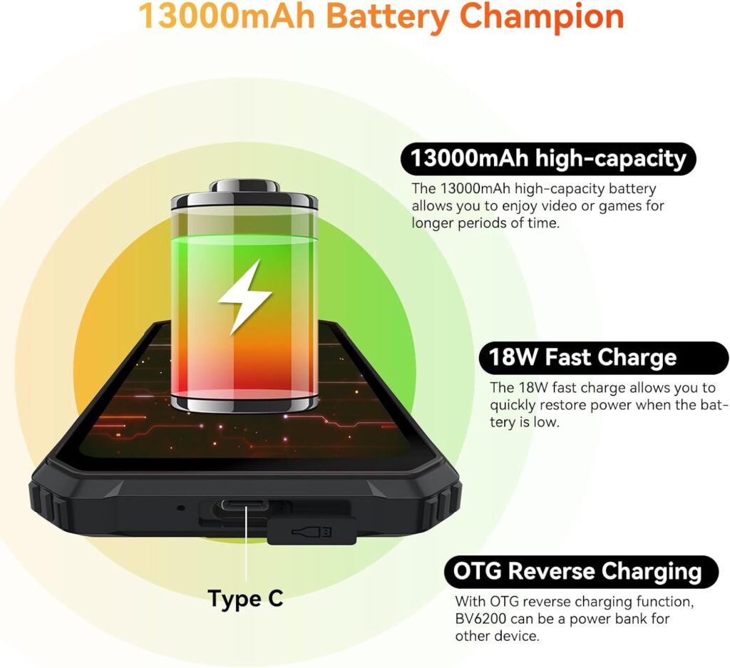 Blackview Rugged Smartphone Unlocked, 2023 BV6200 Rugged Phones, 13000mAh Battery 18W Fast Charge, Android 13, 8GB+64GB/2TB Expand, Waterproof Mobile Phones, Three Card Slots, 6.56 Display, T-Mobile