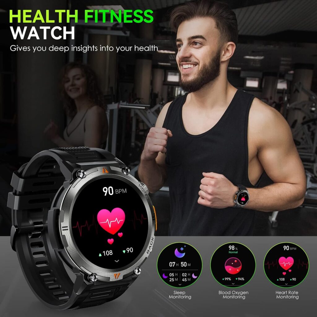 Military Smart Watch for Men (Call Receive/Dial) with LED Flashlight, 1.45 HD Outdoor Tactical Rugged Smartwatch, Sports Fitness Tracker Watch with Heart Rate Sleep Monitor for iPhone Android Phone